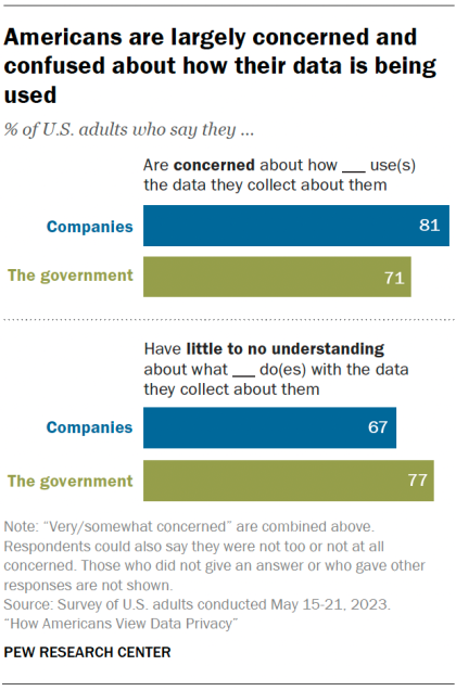 Bar chart: 81% of Americans concerned about how companies use their data, 71% about government &ndash; Pew Research retargeting statistics 2023