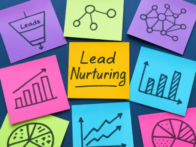 Sticky notes showing a sales funnel and graphs around a Lead Nurturing note for campaign planning.