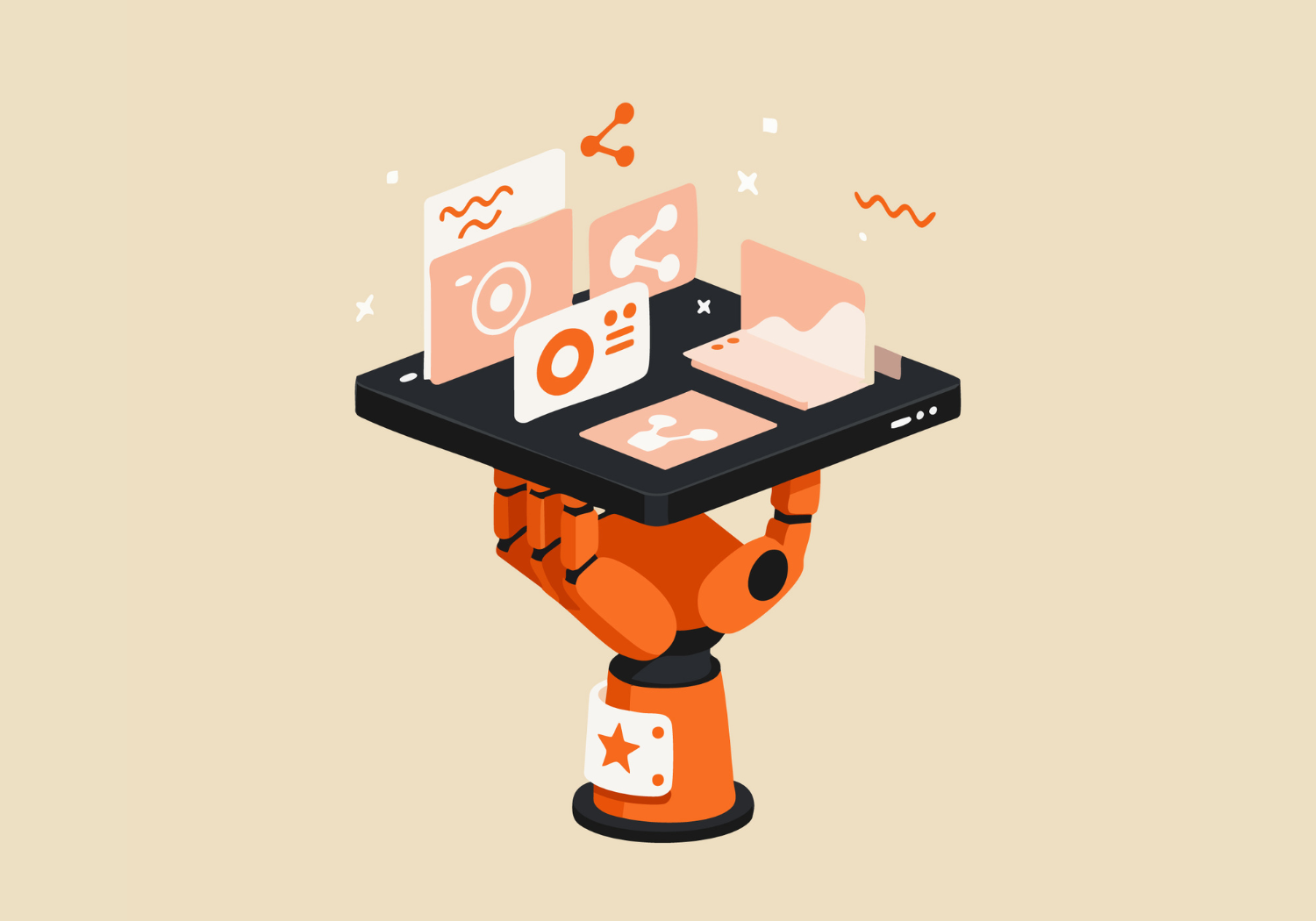 Robotic arm holding a tablet with analytics, illustrating marketing automation tools like HubSpot.