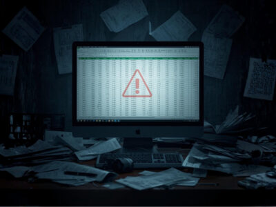 Dark chaotic desk with a warning sign on an Excel spreadsheet, symbolizing the risks of relying on spreadsheets instead of a CRM like HubSpot