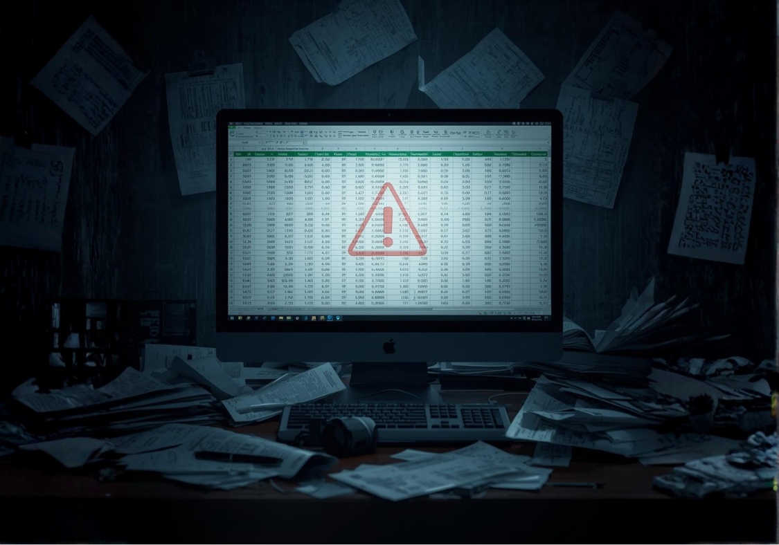 Dark chaotic desk with a warning sign on an Excel spreadsheet, symbolizing the risks of relying on spreadsheets instead of a CRM like HubSpot