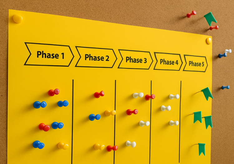 A visual pipeline board showing Phase 1 to Phase 5 with pushpins, illustrating an automated lead capture and nurture workflow.