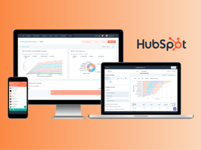HubSpot Philippines customer platform interface displayed across a desktop, laptop, and mobile phone showing analytics dashboards.