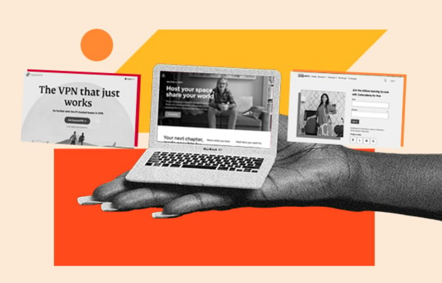 A stylized graphic illustrating online education landing pages powered by HubSpot Philippines software on a miniature laptop.