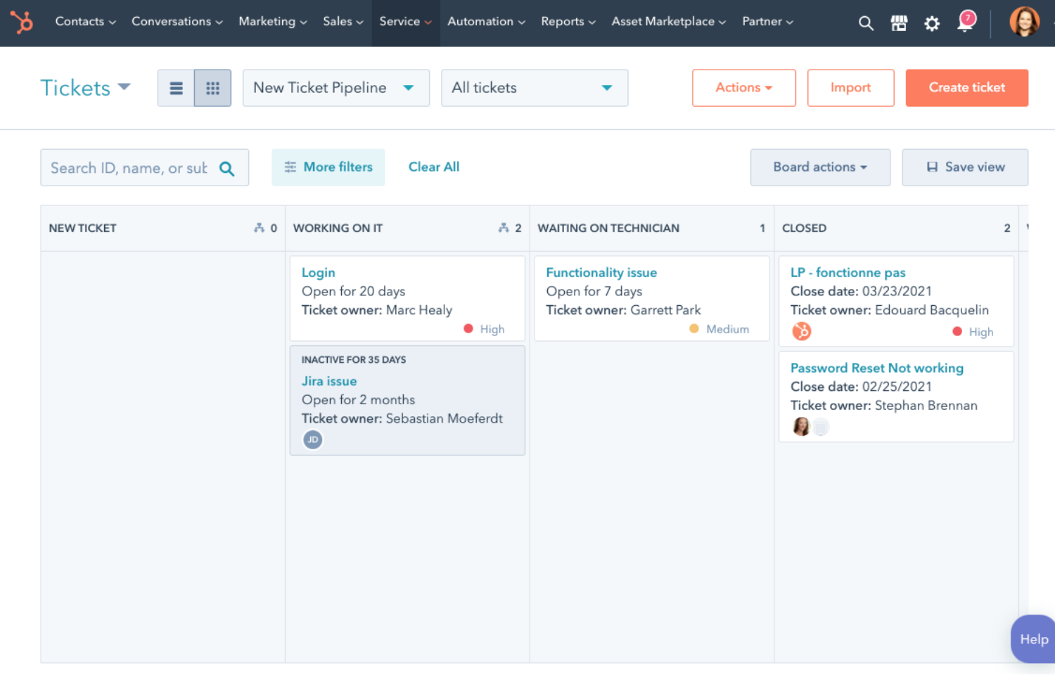 Fintech service ticket pipeline board configured by a HubSpot partner Philippines to track customer support functionality issues.