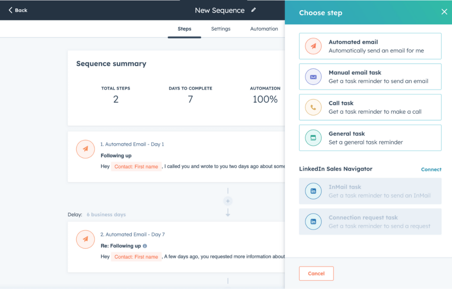 An automated email sequence setup screen within the HubSpot Philippines platform, showing a summary of steps and task choices.